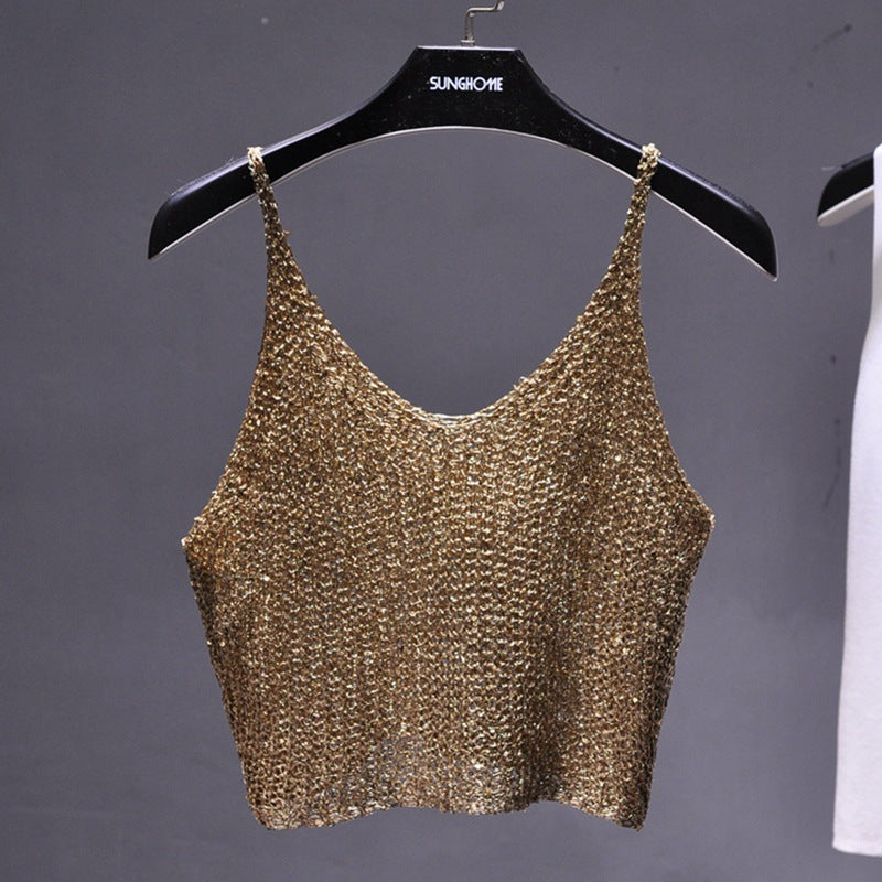 【MOQ-5 packs】 Spring Summer Glitter Half Cropped Outfit Bottoming Sweater Hollow Out Cutout Sexy Cropped Outfit Sling Top