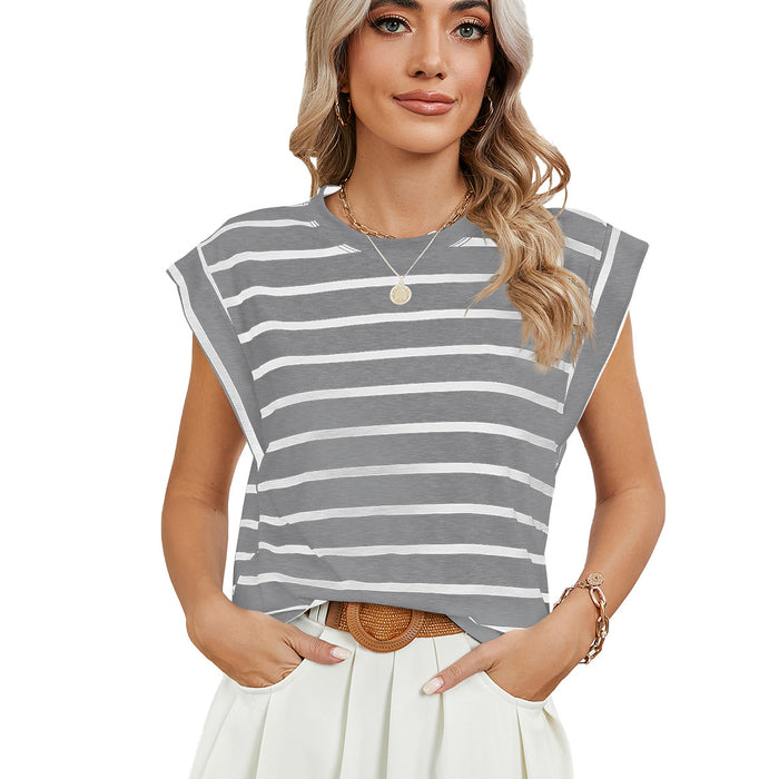 Spring Summer round Neck Loose Short Sleeves T shirt Striped Top Women Vest