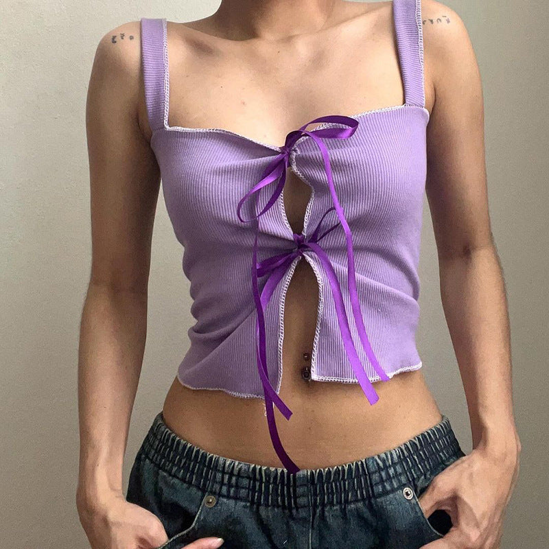 Pure Purple Charming White Square Collar Hollow Out Cutout Double Shoulder Strap Vest Summer Sexy Slimming Inner Top