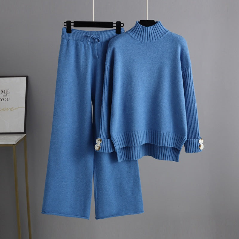 Autumn Winter Knitting Suit Women Trendy Semi-High Collar Sweater Thickened Outer Wear Loose two piece set