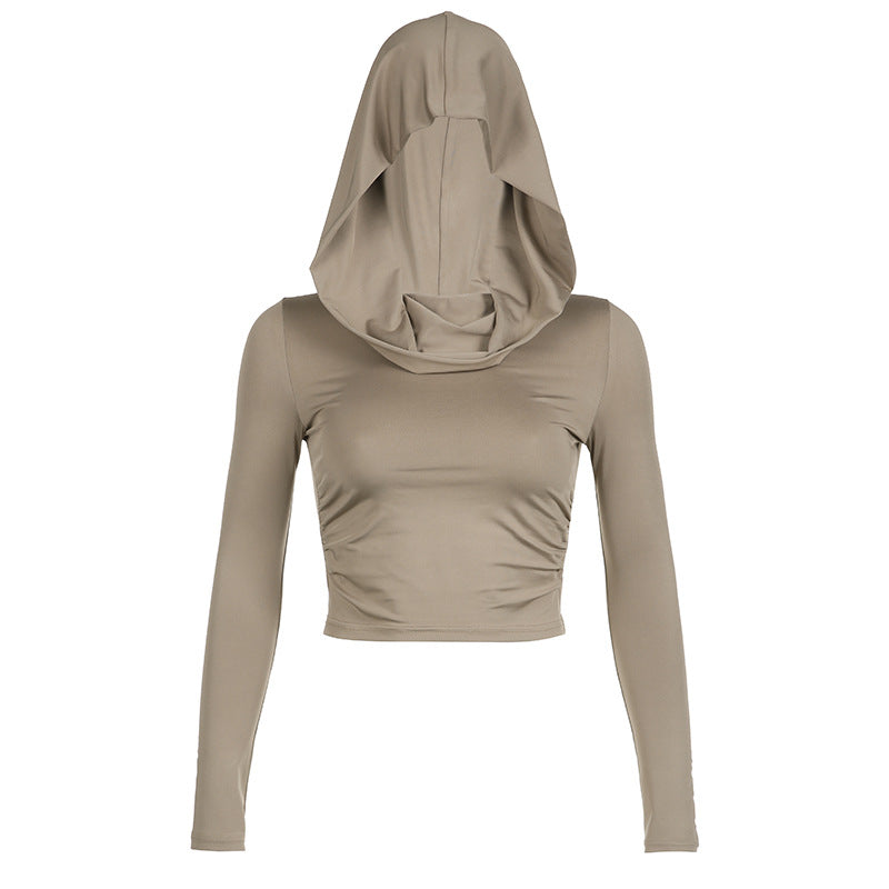 Women Wear Dune Hooded Top Autumn Winter Casual Solid Color Long Sleeve Pleated Cropped T shirt