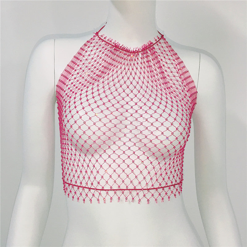 Women Clothing Grid Rhinestone Fishnet Halter Spaghetti Straps Sexy Cutout Sexy Sling Women