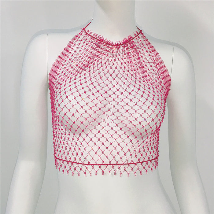 Women Clothing Grid Rhinestone Fishnet Halter Spaghetti Straps Sexy Cutout Sexy Sling Women