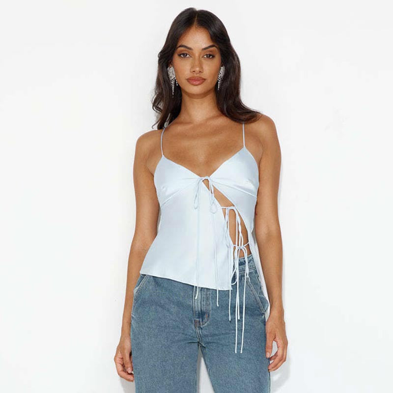 Women Clothing Summer Solid Color Low Cut Sling Rope Sexy Waist Hollow Out Cutout Tops