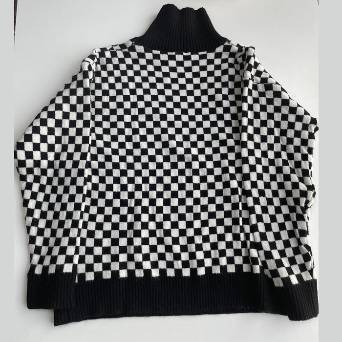 Autumn Winter Chessboard Plaid Stand Collar Color Matching Sweater Women Loose Soft Knitted Top