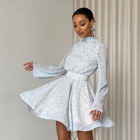 French Chiffon Printed Turtleneck Bell Sleeve High Waist Dress Spring Women Clothing