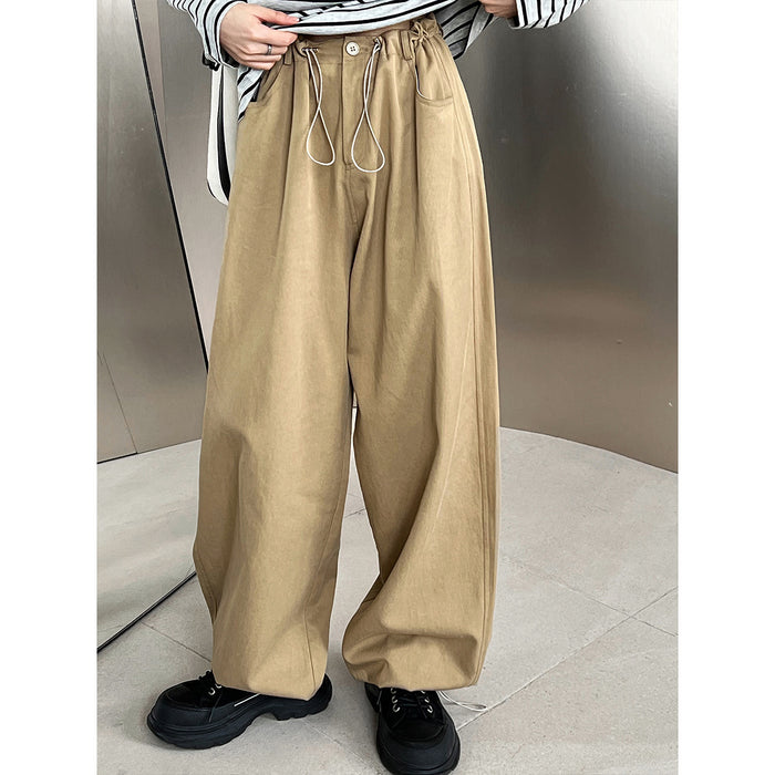 Retro Tencel Cotton Drawstring Elastic Waist Loose Cargo Pants Women Wide Leg Pants Casual Trousers