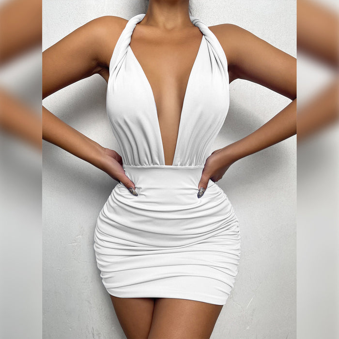 Summer New Women Clothing Deep V-neck Halter Lace-up Backless Sexy Pleated Dress