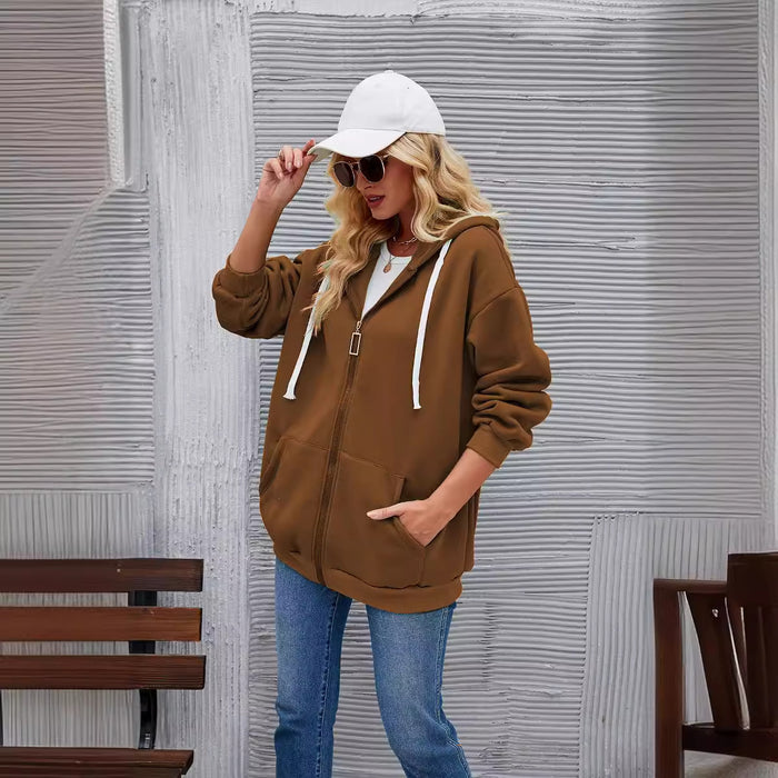 Women Cardigan Solid Color Long Sleeve Pocket Hooded Zipper Thickening Sweater Women