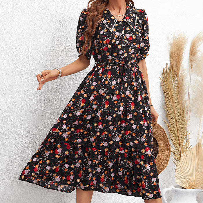 Women Collared Dress Floral High Waist Dress