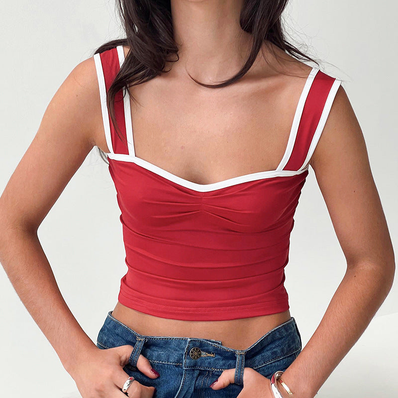 Women Clothing Summer Sexy Contrast Color Sling Square Collar Cropped Pleated Short T shirt Top