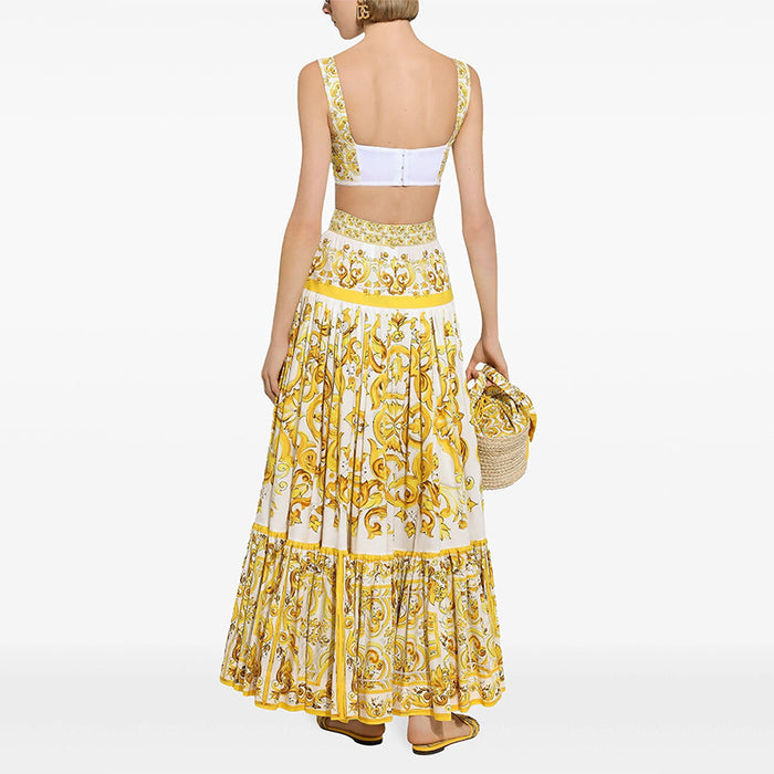 French Royal Two Piece Set Suspender Tube Top Yellow High Sense Printing Skirt Set