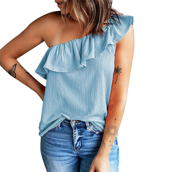 Ruffled Wide Shoulder Strap Solid Color Vest for Women Summer off Shoulder Simple All Match Beveled Top for Women