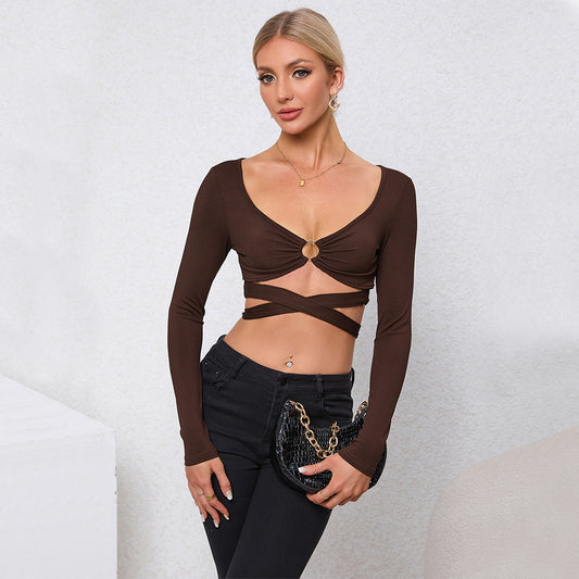Women Clothing Autumn Winter Sexy Hollow Out Cutout out Slim Fit Ultra Short Long Sleeved Sweater Tops