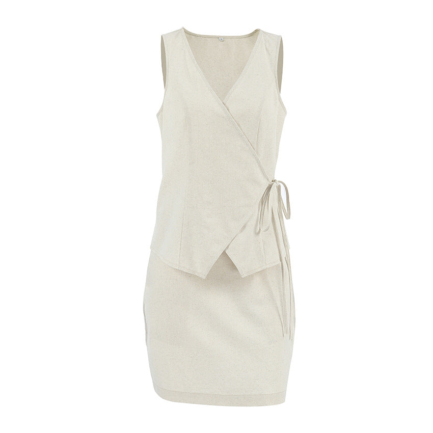 Summer Khaki Cotton Linen Casual Sleeveless Vest Short Skirt Two Piece Set All Matching Skirt Set Women