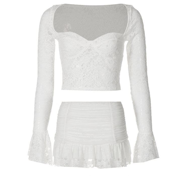 Autumn Sexy Low Cut Bell Sleeve Lace Cropped Top Pleated Skirt Two Piece Set