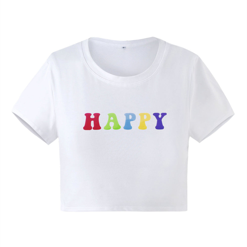Women Clothing New Happy Letter Graphic Printed Short Slim Fit Short Sleeved T shirt