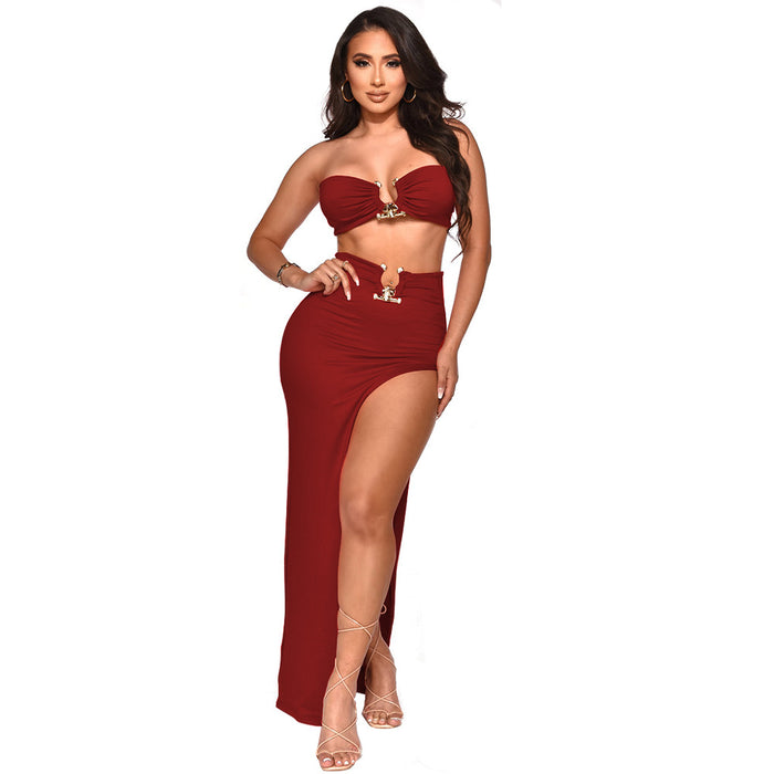 Women Clothing Summer Bandeau Sexy Irregular Asymmetric Skirt Set