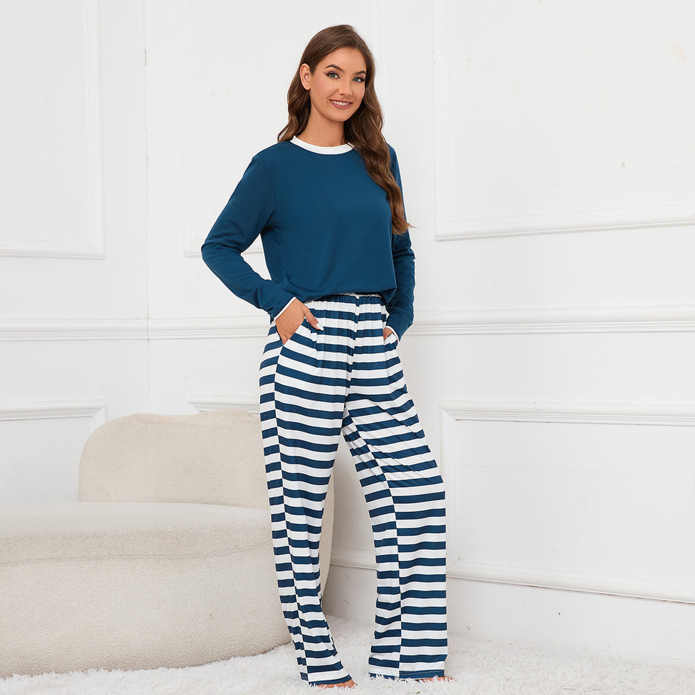 Round Neck Long Sleeve Top Striped Printed Lace up Trousers Homewear Pajamas Set for Women