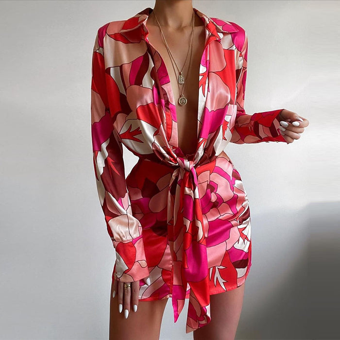 Summer Sexy Women Wear Collared Print Long Sleeve Narrow Shirt Dress