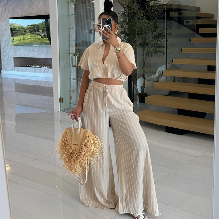 Women Clothing Summer Sweet Striped Short Sleeve Shirt High Waist Drawstring Wide Leg Pants Two Piece Set