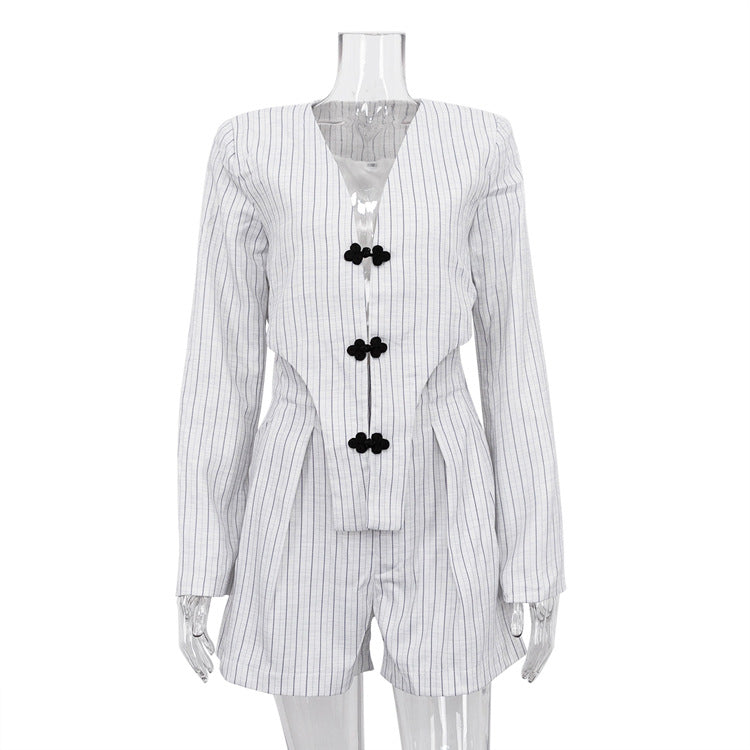 Women Spring Clothing Chinese Niche Design Long Sleeve Deep V Plunge Jacket High Waist Shorts Striped Set