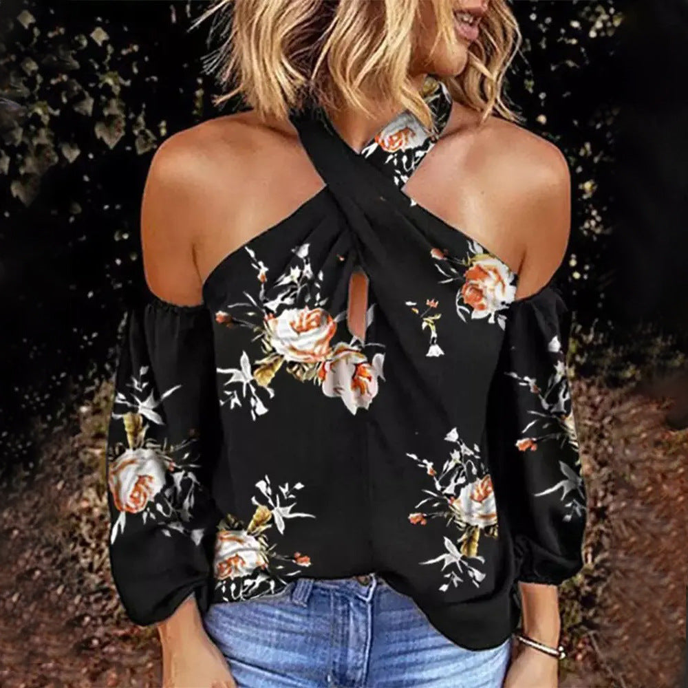 Summer Printed Long Sleeve Halter Sexy Backless Loose Top Women