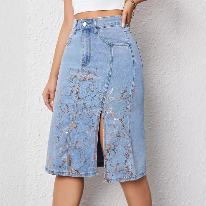 Popular Women Bronzing Denim Skirt High Waist Wash Office A Line Skirt