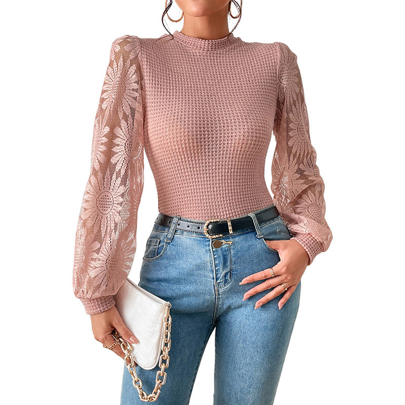Office Lace Stitching Hollow Out Cutout Pullover Women Autumn Slim Fit Slimming Sweater Women