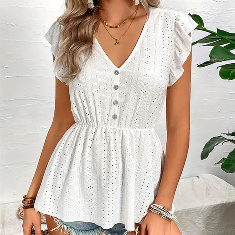Knitted Jacquard Hollow Out Cutout Stretch Lace See through Lotus Leaf Flying Sleeves Top Women T shirt Spring