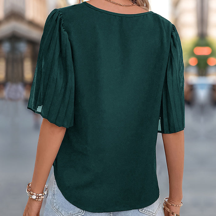 Summer Women Solid Color Pleated Short Sleeved Shirt for Women