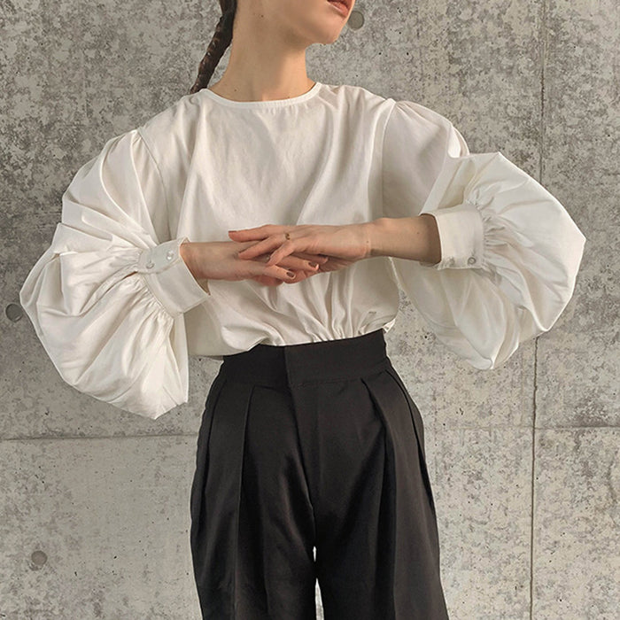 Autumn Crew Neck Shirt Women Korean Puff Sleeve Back Slit Pure Cotton Shirt