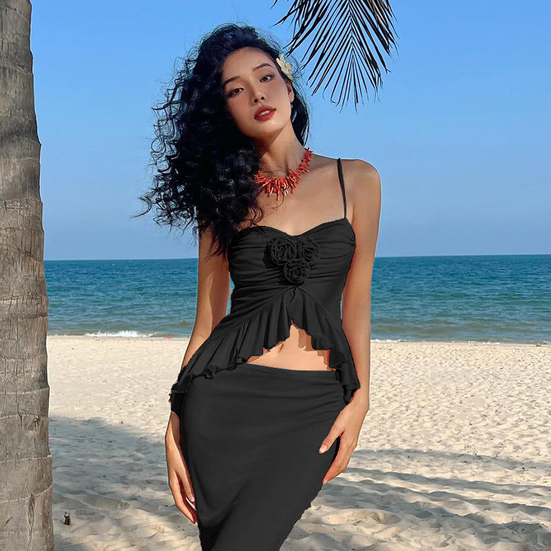 Vacation Spaghetti Straps Top Mid Length Skirt Set Summer Slim Fit Cropped Two Piece Set
