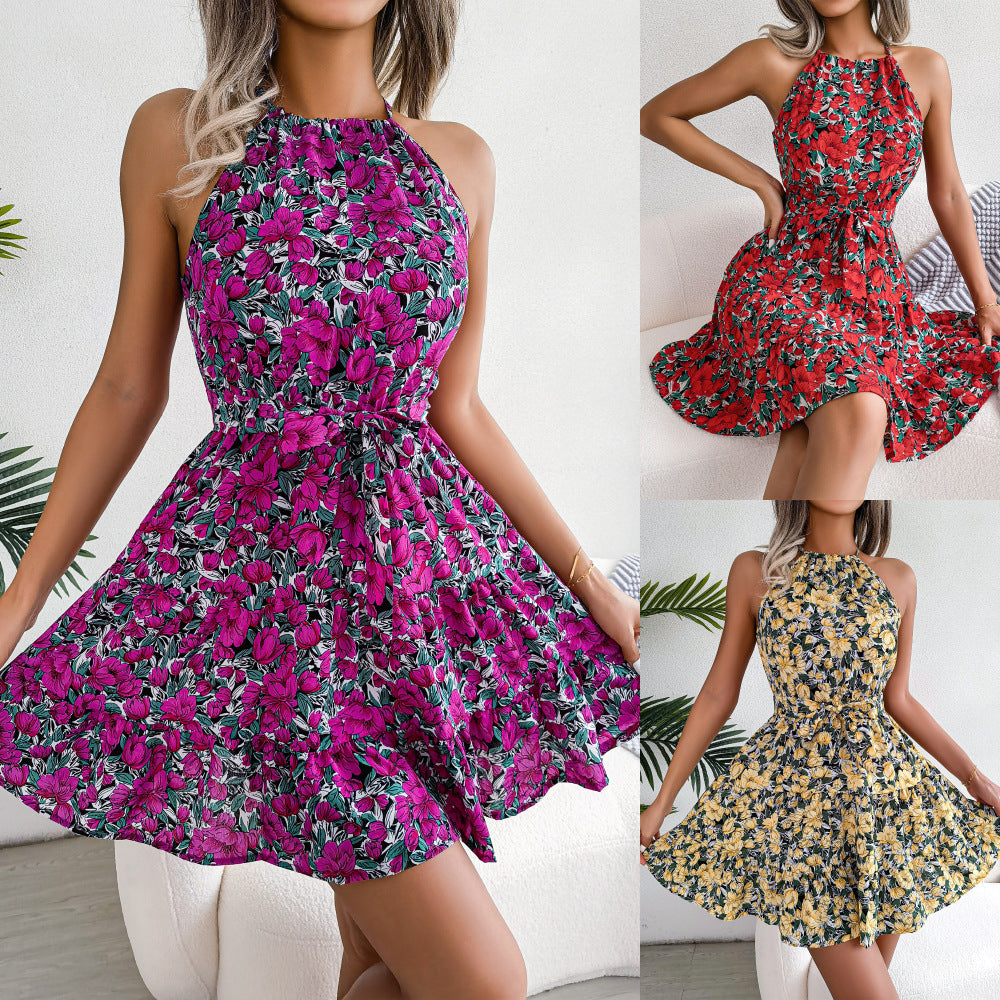 Spring Summer Casual Tied Lotus Leaf Large Swing Floral Dress Women Clothing