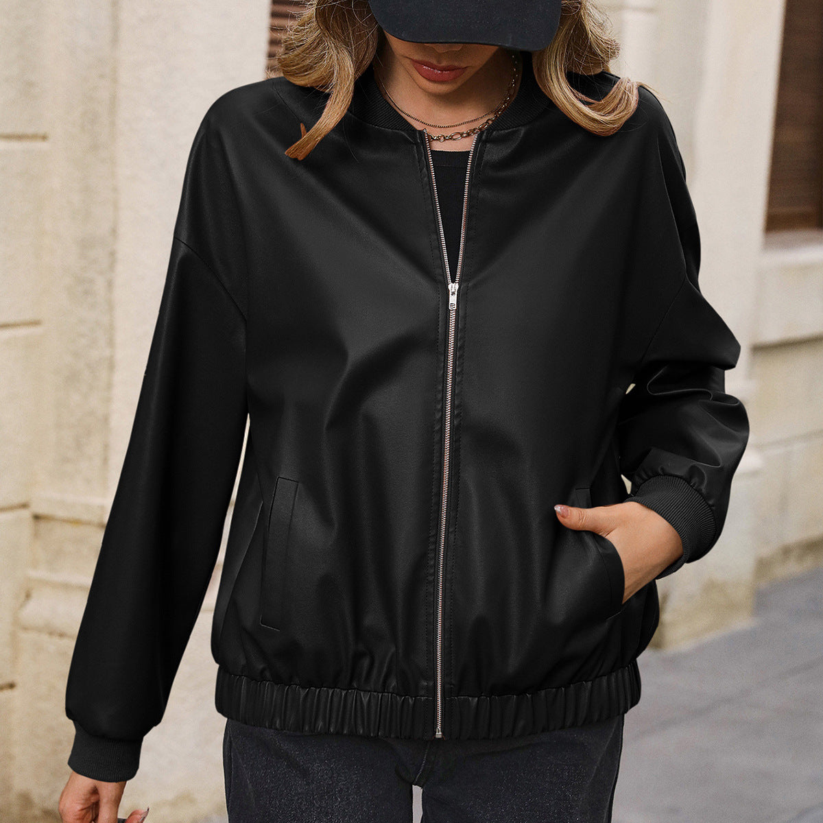 Casual Short Long Sleeve Faux Leather Motorcycle Leather Jacket Coat Top Women