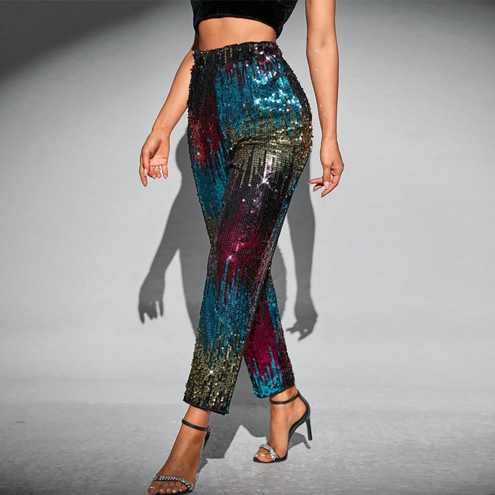 Multi Color Velvet Sequ High Waist Party Clothes Tapered Pants Straight Leg Pants Trousers