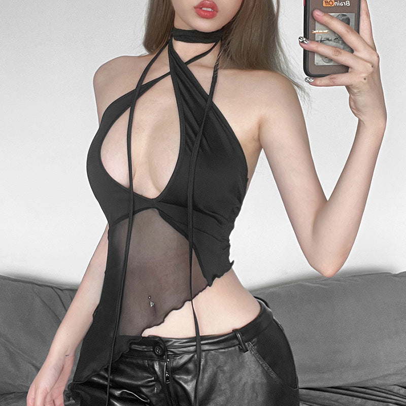 Summer Women Lace Up Halter Sexy Backless See Through Mesh Base Small Vest Women