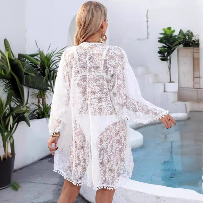 Women Clothing Irregular Asymmetric Cardigan Sexy See through Lace Shirt Lace up Beach Sun Protection Coat