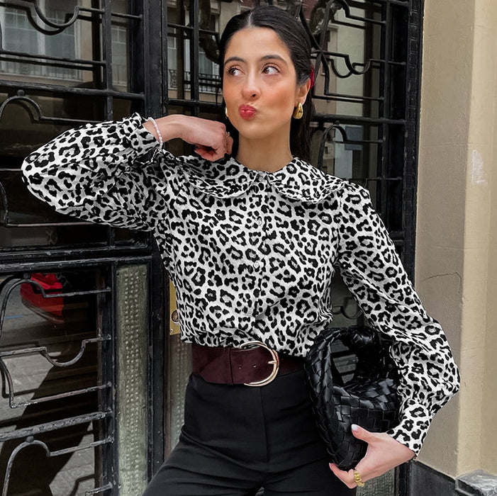 Sexy Cotton Leopard Print Collared Long Sleeve Women Shirt Spring Summer Top