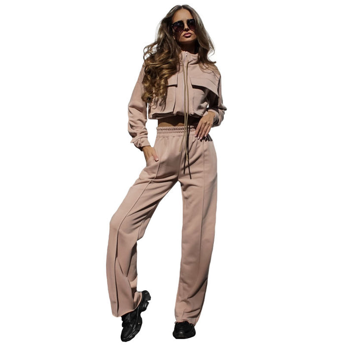 Autumn Winter Solid Color Zipper Double Bag Drawstring Long Sleeve Top Casual Trousers Suit Women