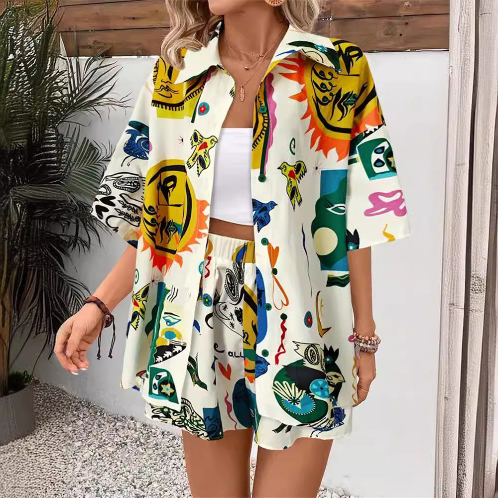 Graffiti Printing Cardigan Shirt Shorts Two Piece Set Contrast Color Casual Pants Casual Women Spring Autumn Clothing