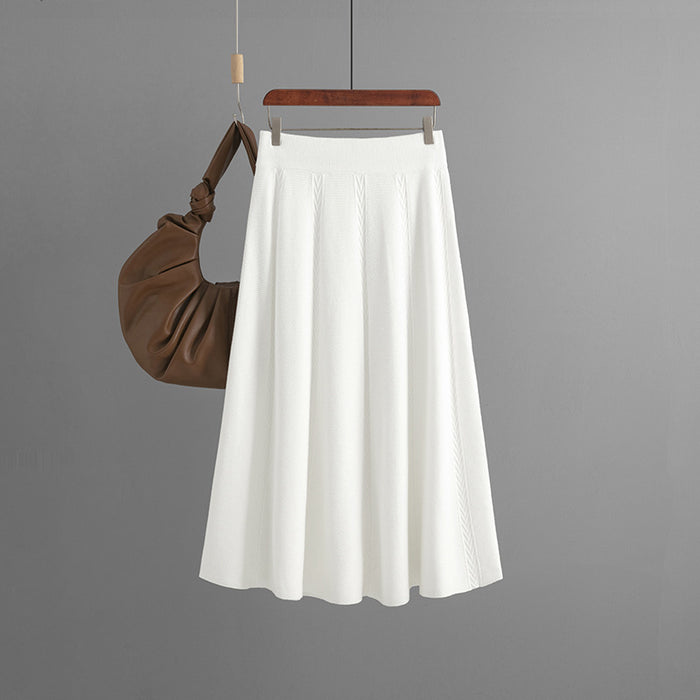 Mid Length Autumn Winter Draping Effect A line Khaki Knitted Skirt Women Winter Sweater