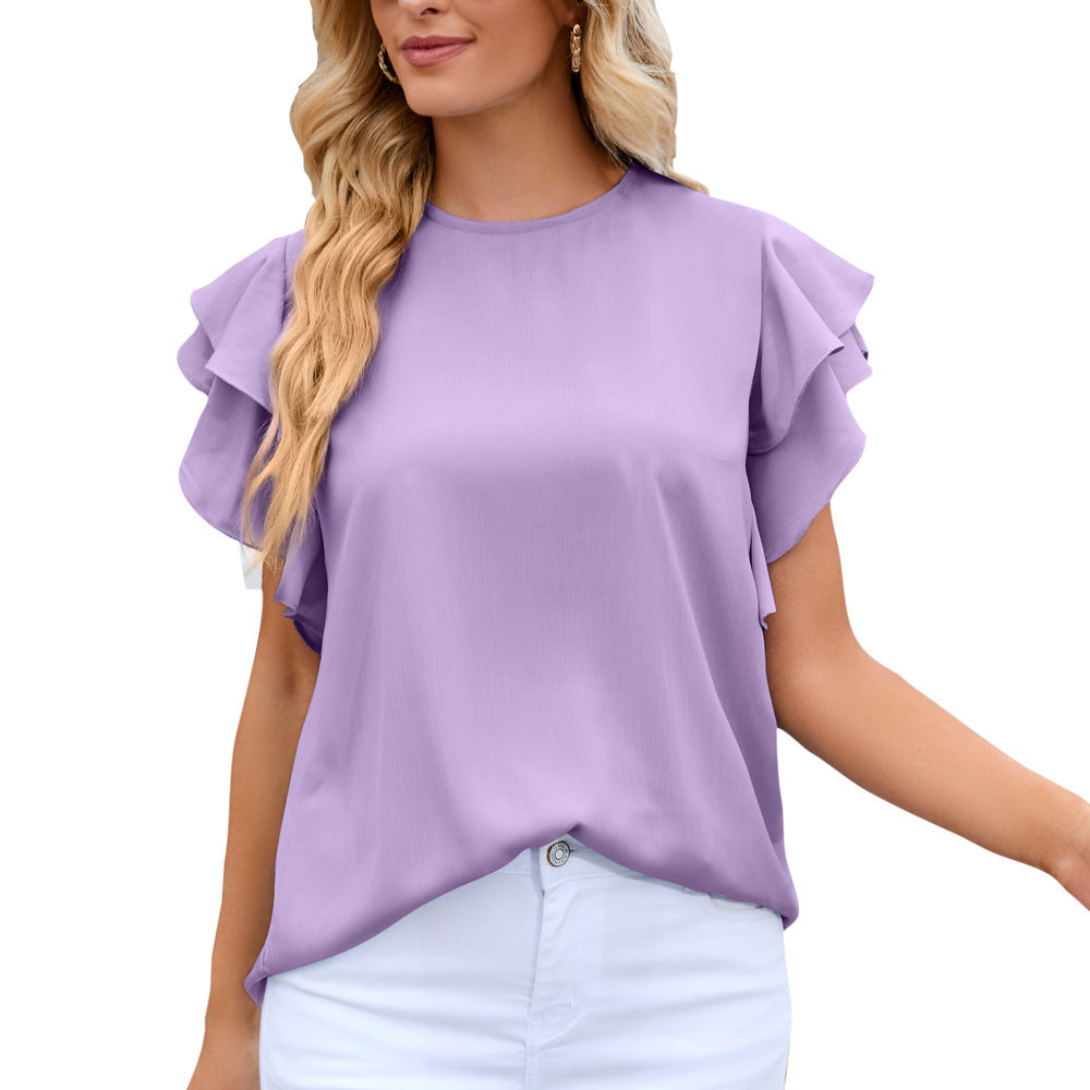 Summer Women Clothing round Neck Ruffle Sleeve Chiffon Shirt Top