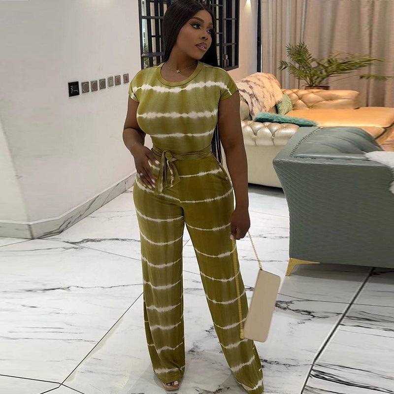 Women Clothing Gradient Printing Jumpsuit round Neck Short Sleeve Mid Waist Lace up Wide Leg One Piece Trousers