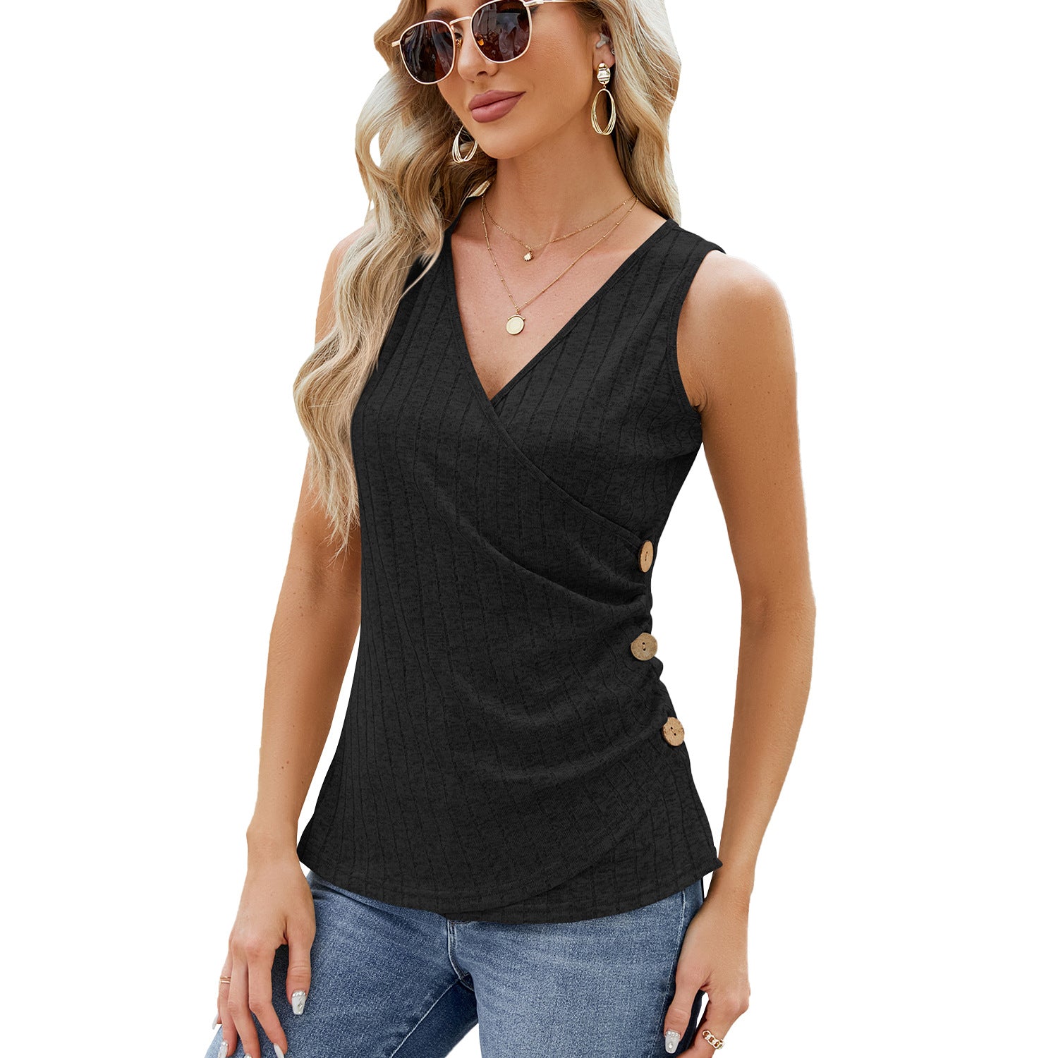 Summer Solid Color V neck Button Cinched Sleeveless Vest Top Ladies
