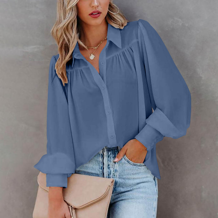 Autumn Winter Women Long Sleeved Chiffon Shirt Top Lantern Sleeve Pleated Loose Shirt Women