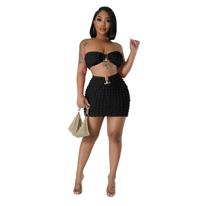 Women Clothing Popcorn Sexy Cropped Wrapped Chest Short Skirt Bubble Two Piece Set