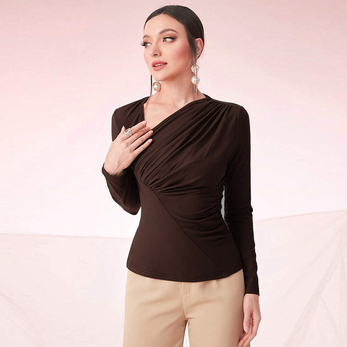 Autumn Winter Women Clothing Diagonal Collar Slim Fit Pleated Bottoming Shirt Office Long Sleeve Top