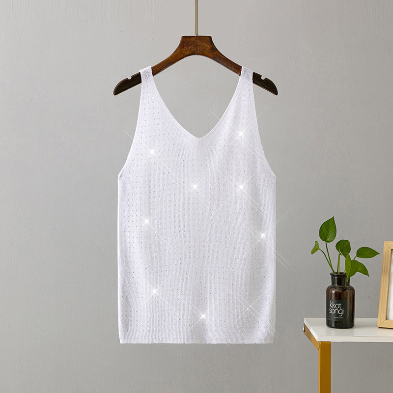 【MOQ-5 packs】 Summer Knitted Camisole Bright Line Diamond V Neck Solid Color Slim Fit Sexy Vest