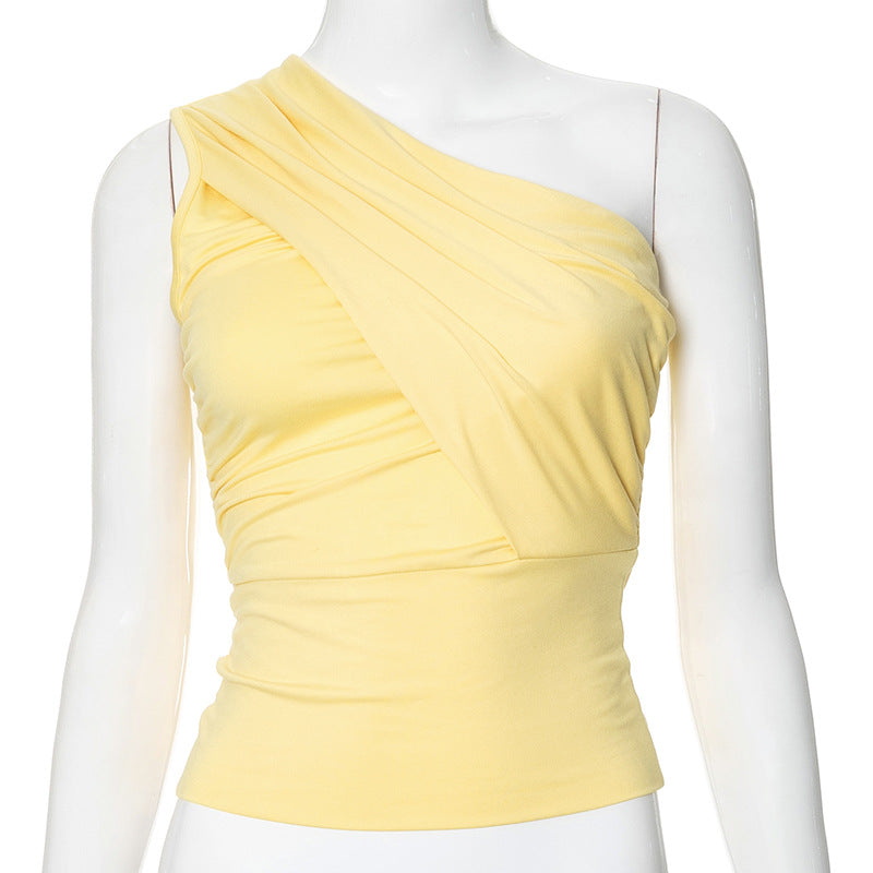 Women Clothing Summer Solid Color Slim Shoulder Cropped Top